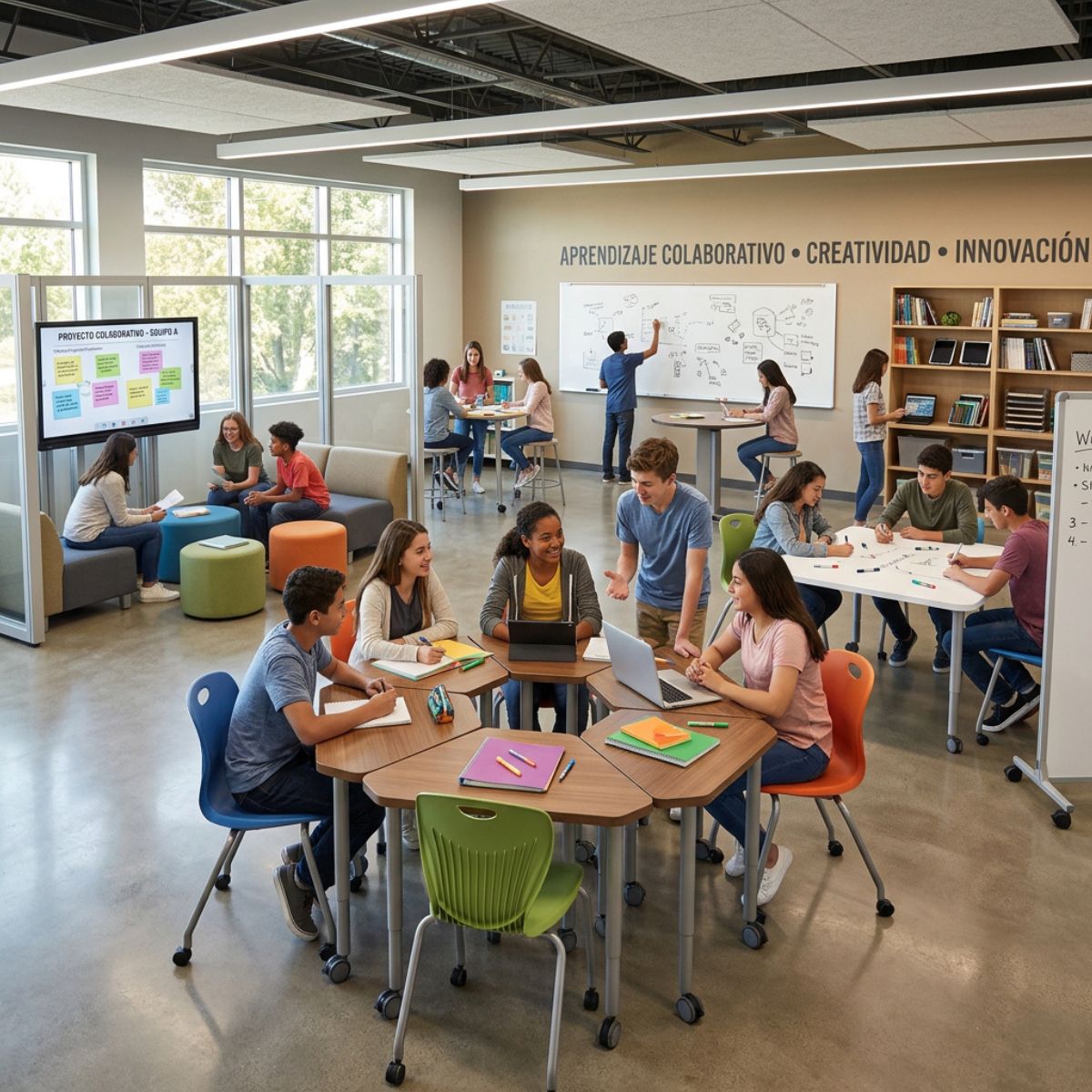 Aula flexible con mobiliario para aprendizaje colaborativo y espacios educativos modernos
